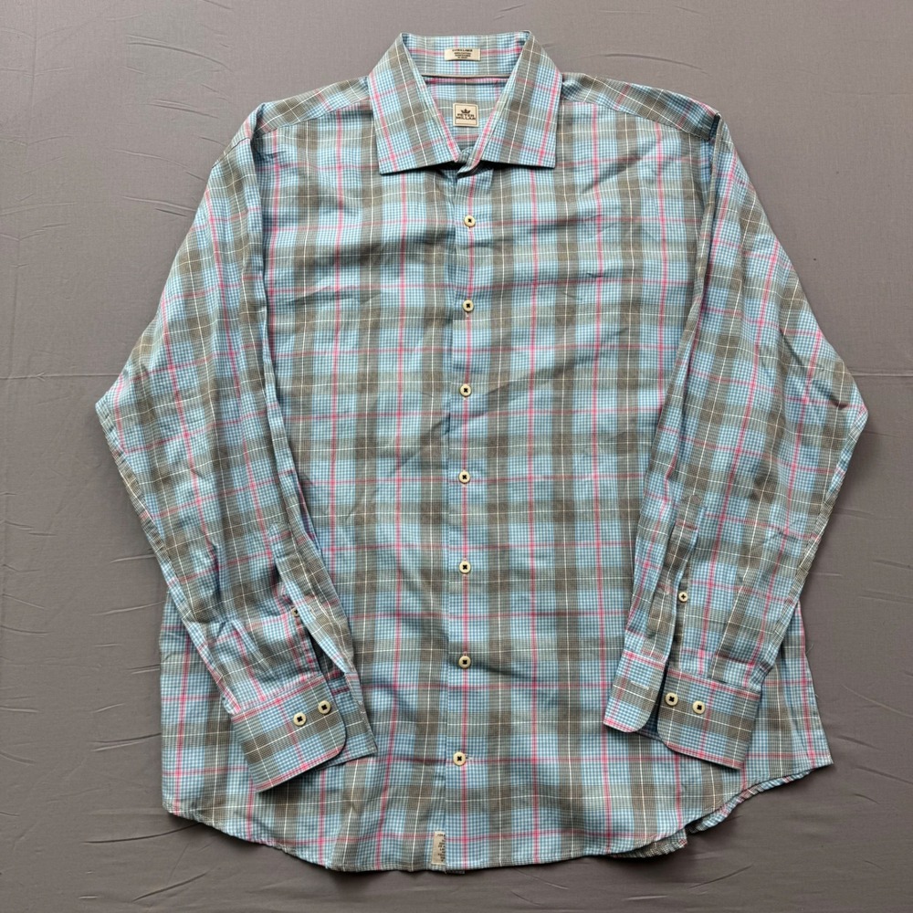 Peter Millar Mens XL Blue Pink Plaid Cotton Long Sleeve Button Down Shirt